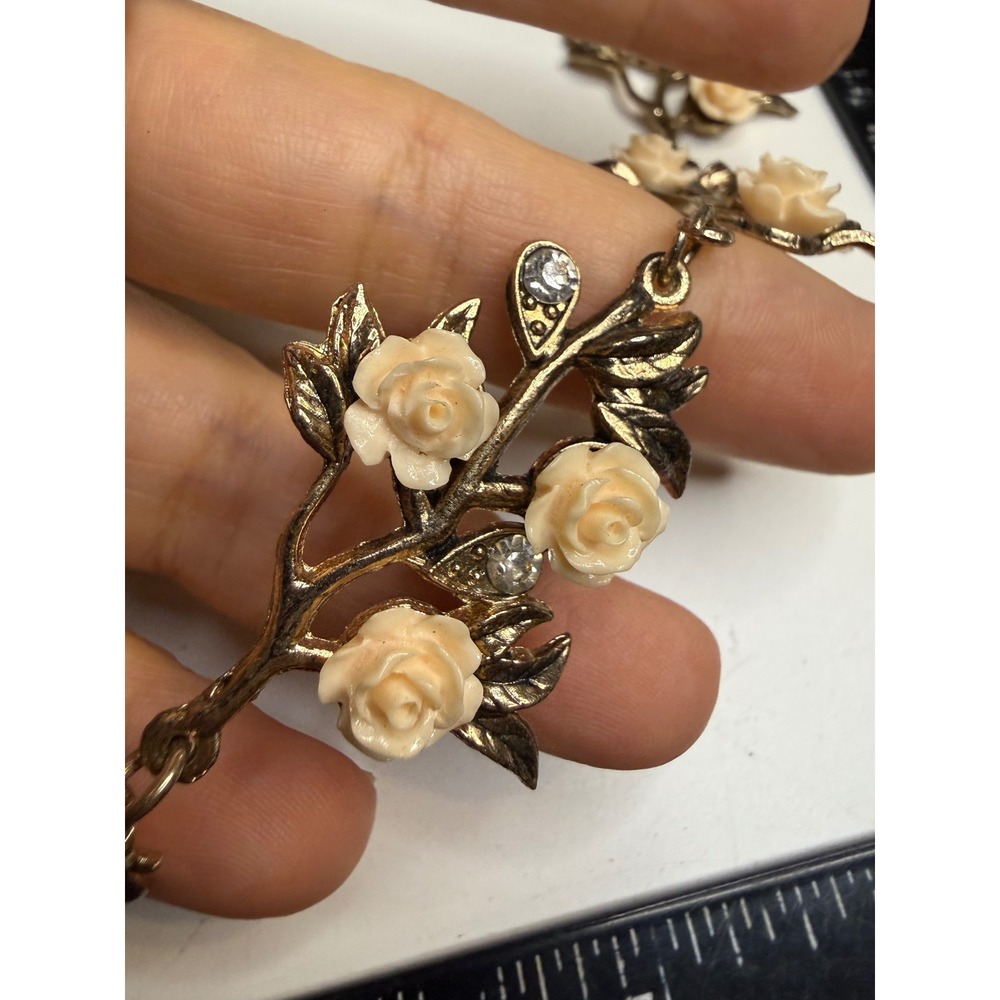 Gold Tone Floral Rose Rhinestone Elastic Headband Cream Resin Flowers Accessory